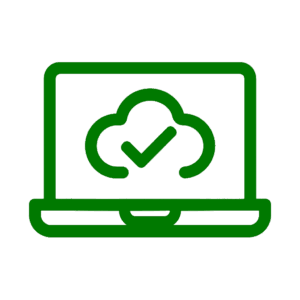 Grünes Laptop-Symbol mit Cloud und Haken für Vorteile der digitalen Buchhaltung