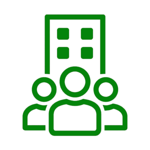 Grünes Symbol mit drei Personen vor einem Firmengebäude für Zielgruppen des Buchhaltungsservice